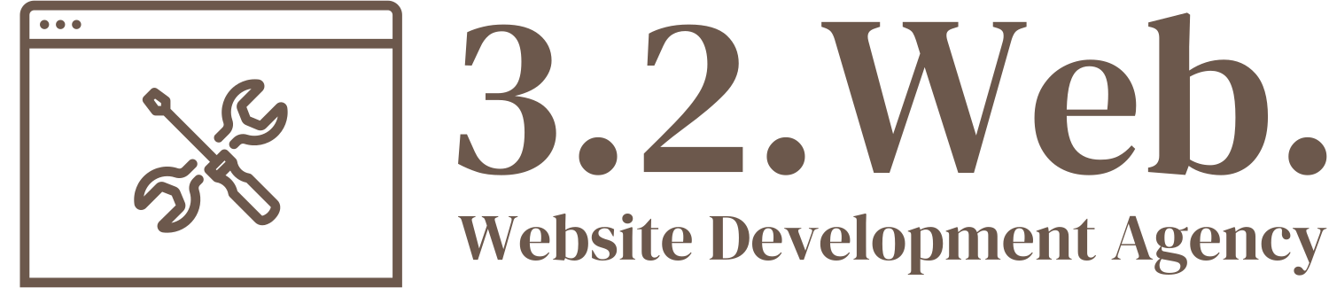 Logo for 3.2.Web agency. Dark brownn, serif text. Icon is a web page with a spanner and wrench.